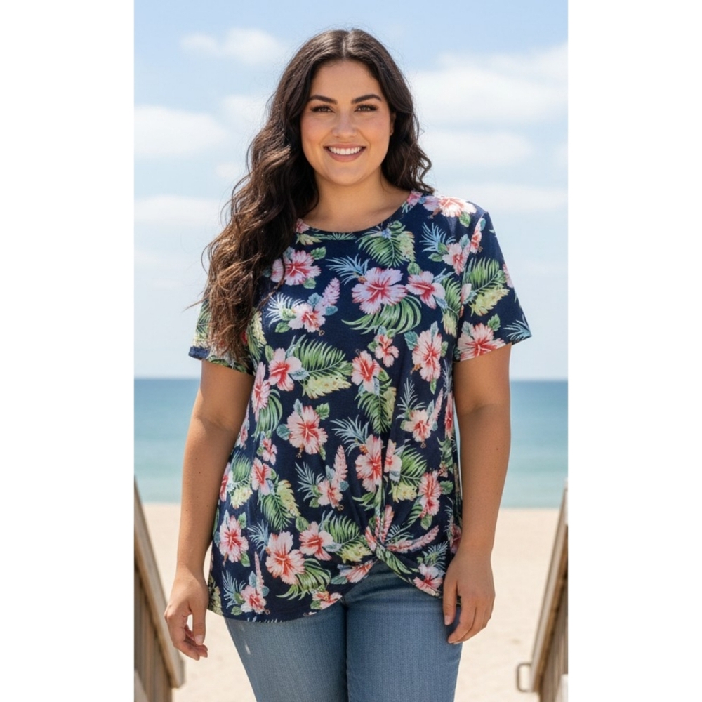 Yidarton Tropical Floral Short Sleeve top Navy Size 2X